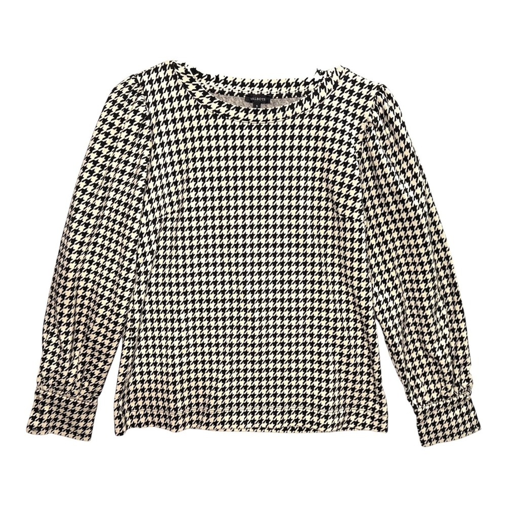 Talbots Women's Size Small Black White Houndstooth Puff Sleeve Geometric Top